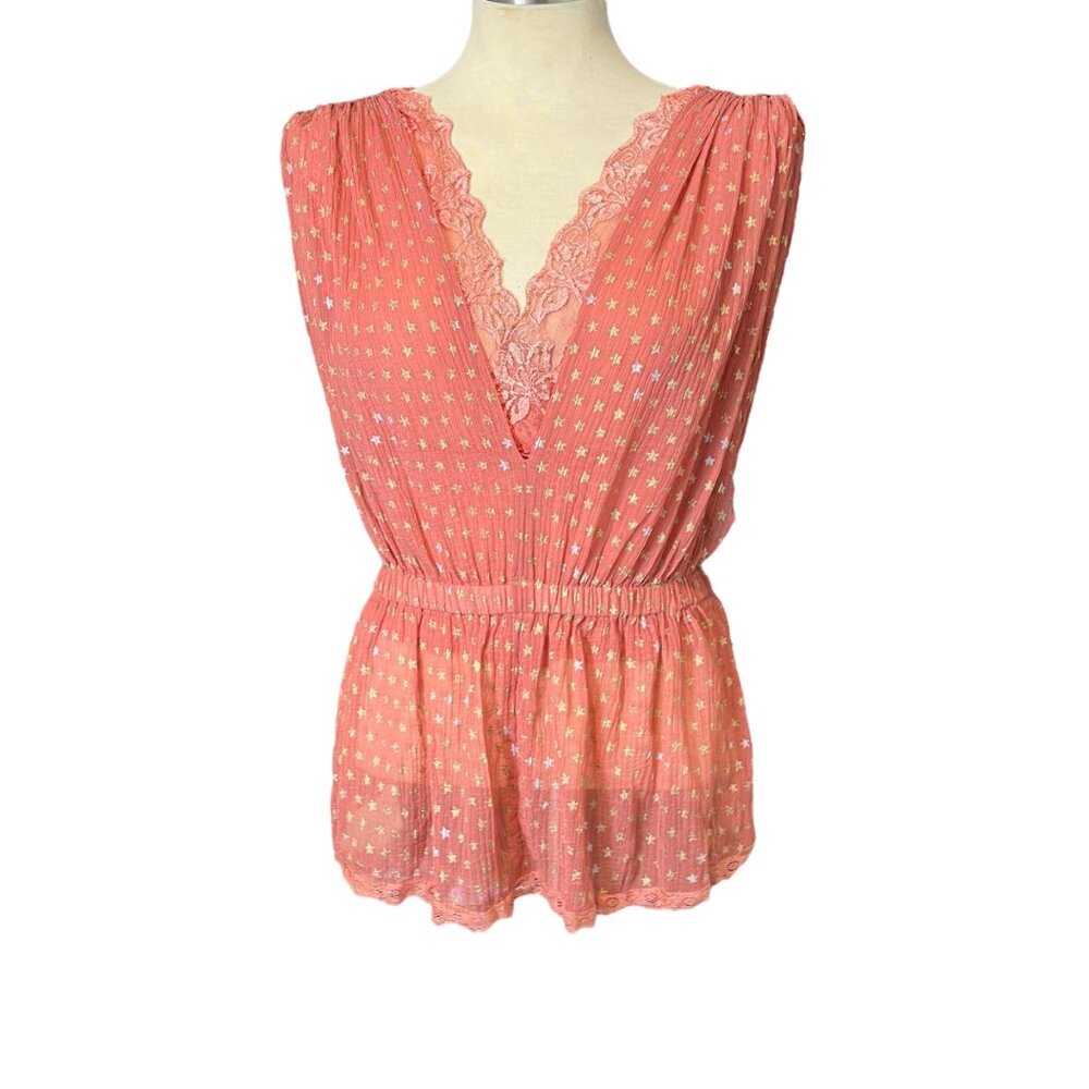 Free People Top‎ XS Mauve Star Print Sleeveless Semi Sheer Blouse Sz Extra Small